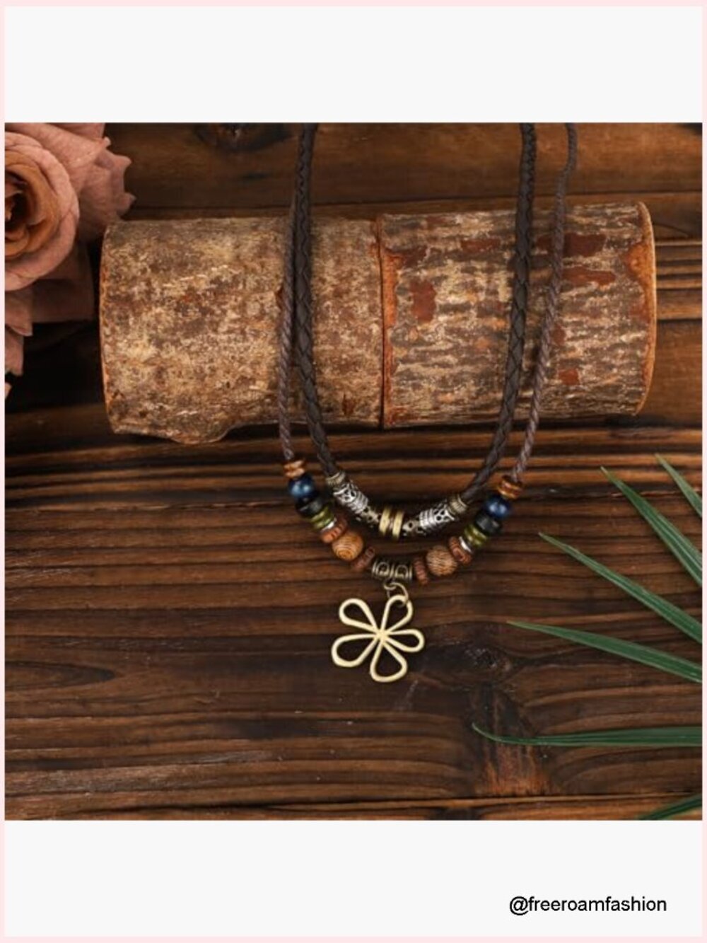 Double Layer Wood Bead Necklace with Hollow Flower Pendant, Adjustable Boho - Picture 4 of 7